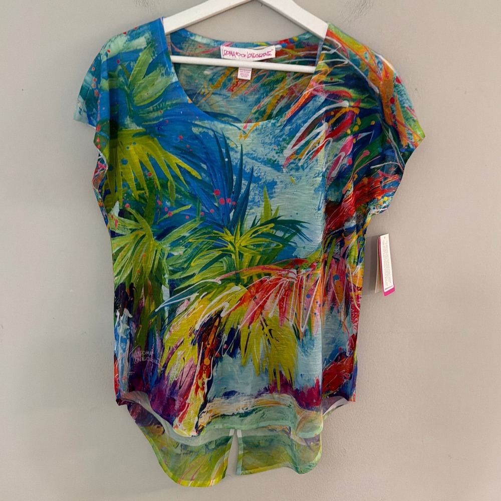 Leoma Lovegrove Womens Palms Away Tropical Palm Tree Top Multicolor Medium NWT